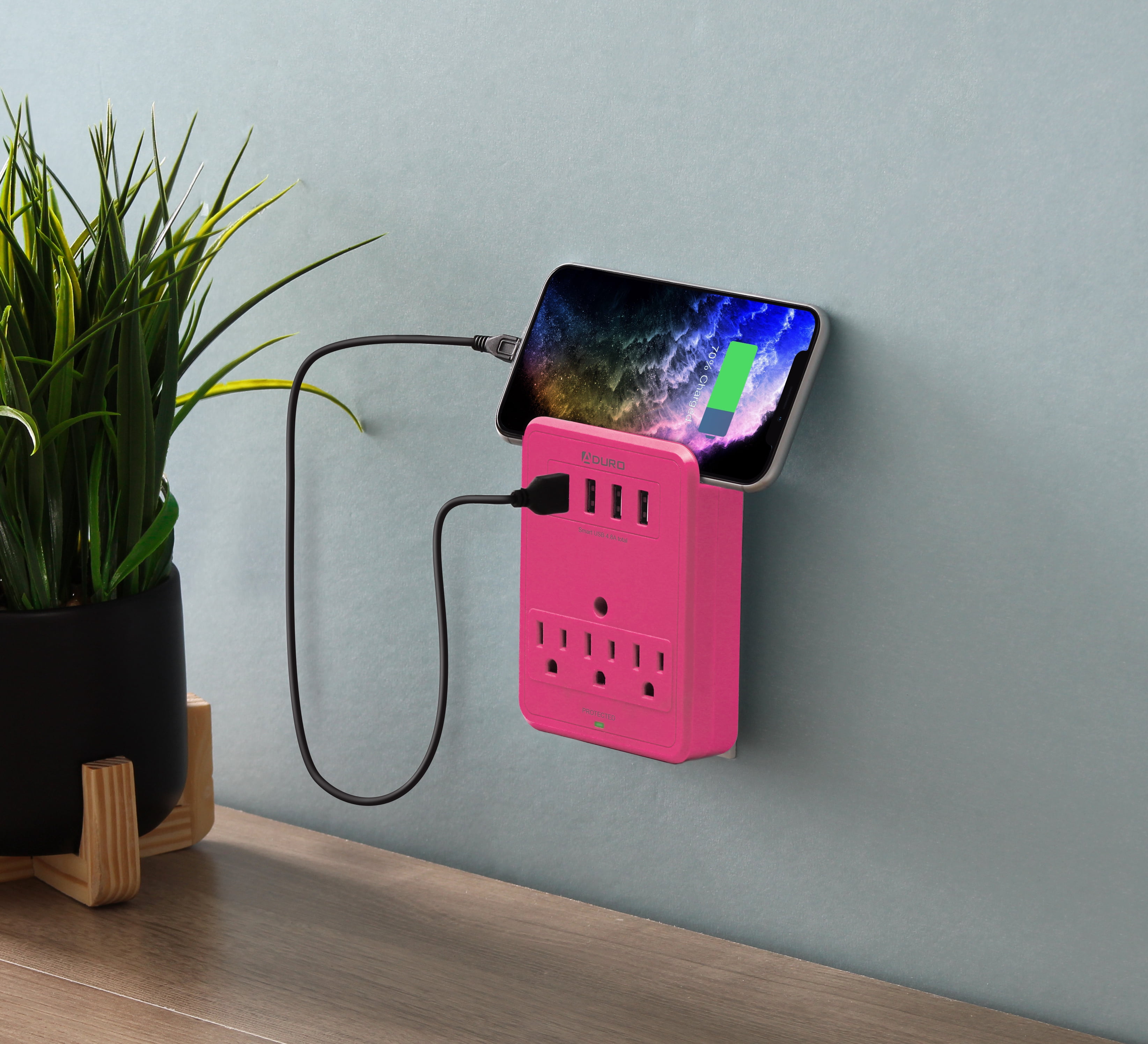 Aduro 3 Outlet 4 USB Port Surge Protector, Pink