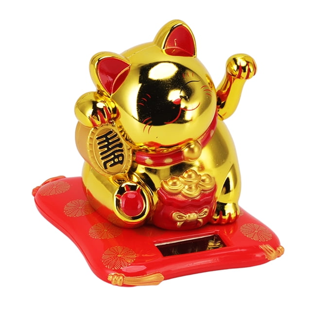 Waving Arm Fortune Cat Statue, Fun Solar Powered Waving Cat Exquisite Gifting Energy Saving For Car Chinese Character Champagne,Chinese Character Silver,Blessing Bag