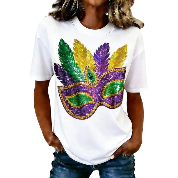 Tops Casuales de Otoño para las Mujeres Cuello Redondo Carnaval Impreso Blusa, Camiseta de Manga Corta para el Uso Diario Del Festival