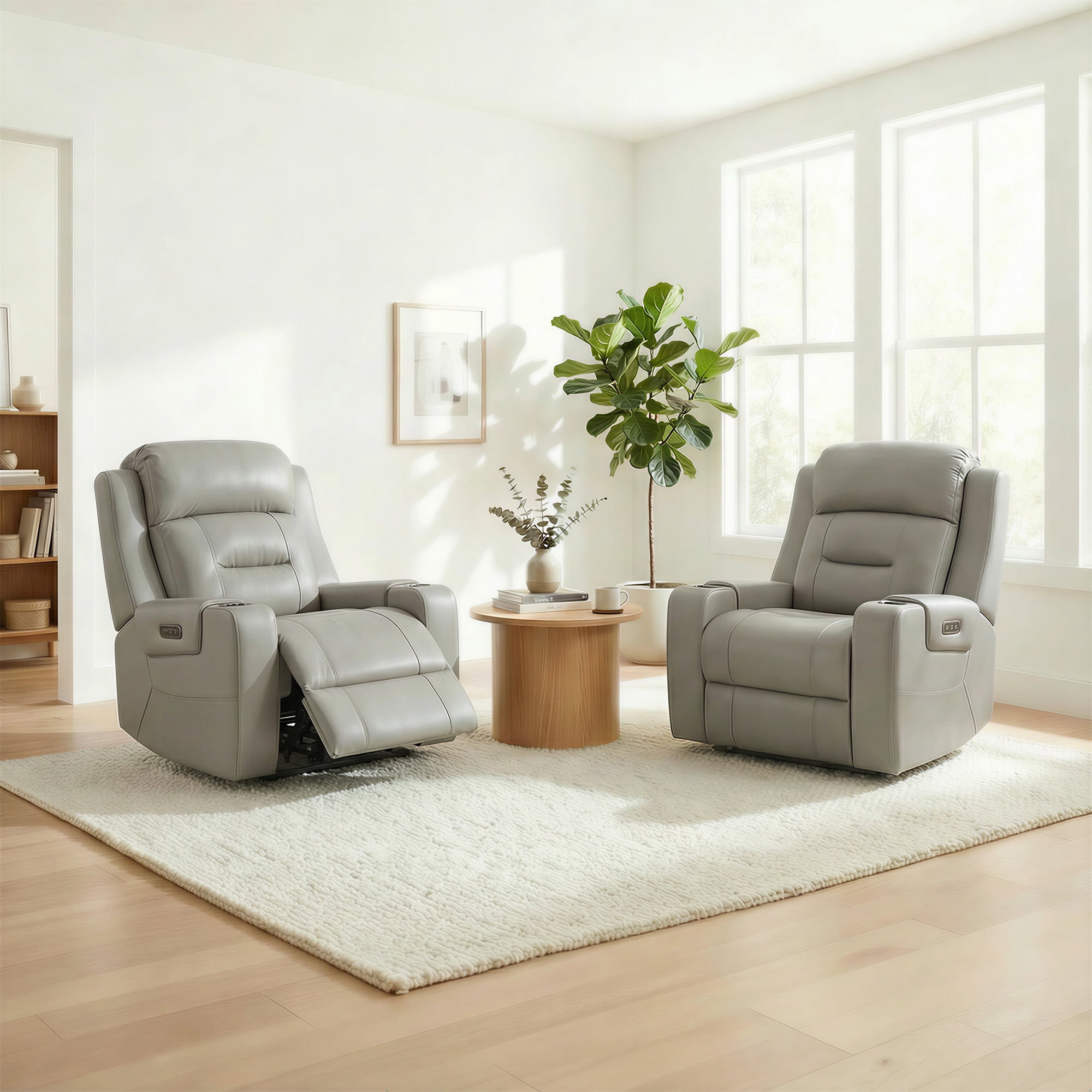 Spruce & Spring Lay-Flat Genuine Leather Power Recliner Chair with Headrest, Gray