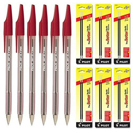 Pilot The Better Ballpoint Stick Pens, Fine Point Red Ink 6 Pens & 12 Refills