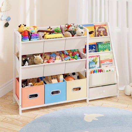 Toy Storage Organizer - Kids Bookshelf and Toy Storage with 3 Book Shelf and 10 Storage Bins, Montessori Playroom Storage for Toddler, Baby, Book Shelf for Kids Rooms