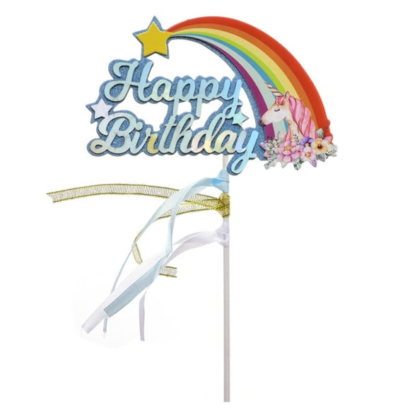 Baked cake with flags, rainbow clouds, unicorns, laser HAPPY BIRTHDAY happy birthday card decorations