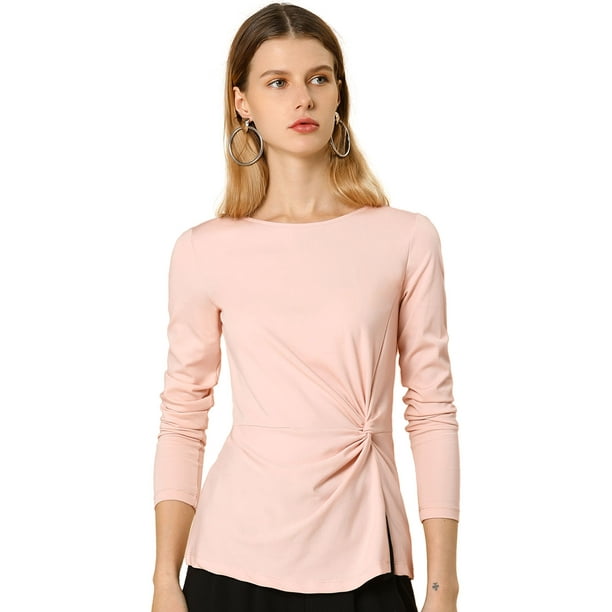 Blusa básica de manga larga con cuello redondo y frente giratorio para mujer Rosa L