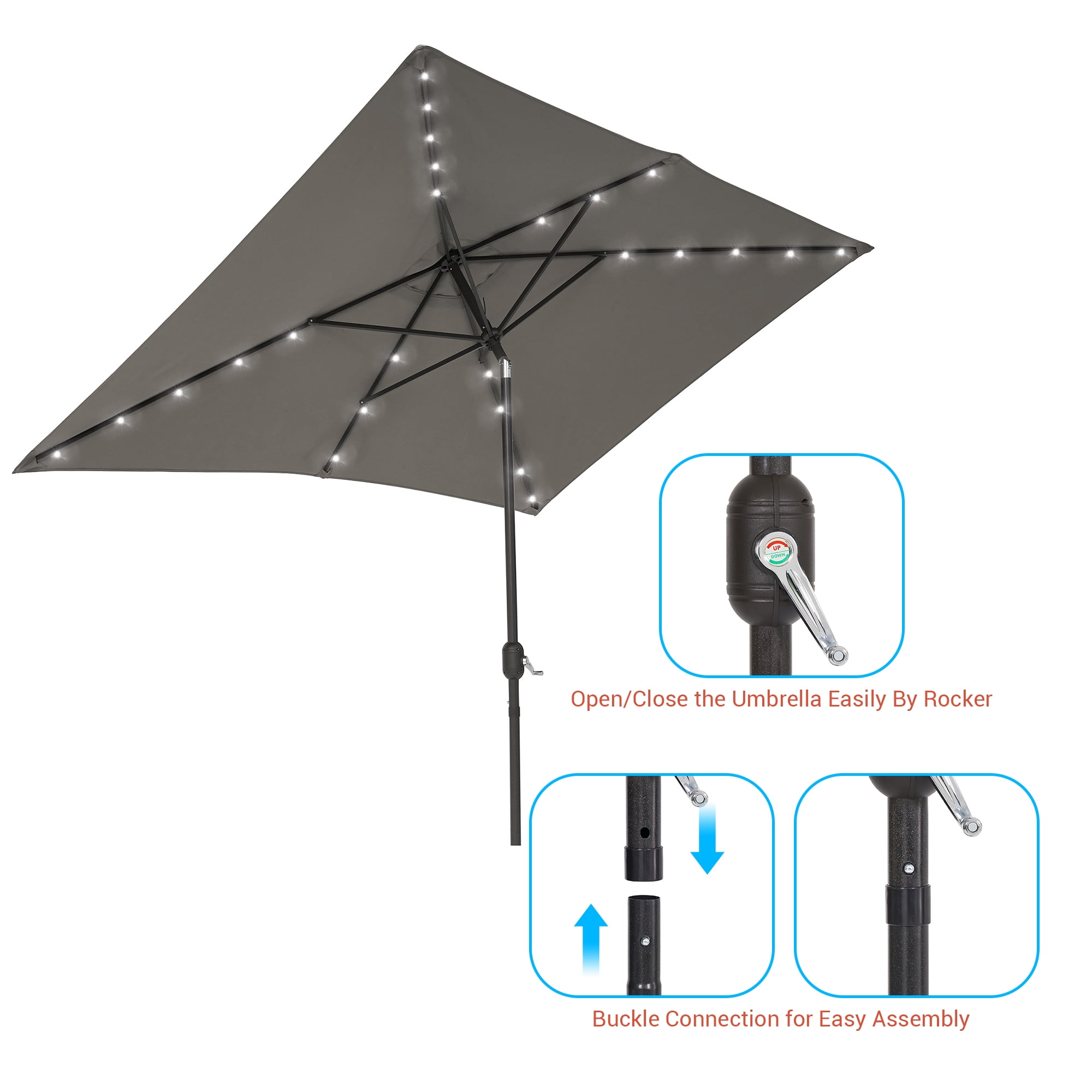 CHYVARY 10 x 6.5ft LED Outdoor Patio Rectangular Table Umbrellas for Deck, Poolside and Garden, Gray