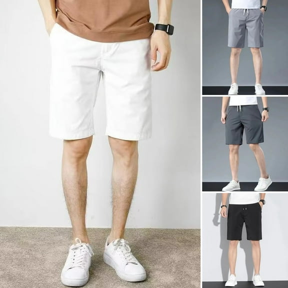 zeranth Men Summer Casual Shorts Elastic Waist Adjustable Drawstring Cargo Shorts with Pockets Solid Color Wide Leg Knee-length Short Pants