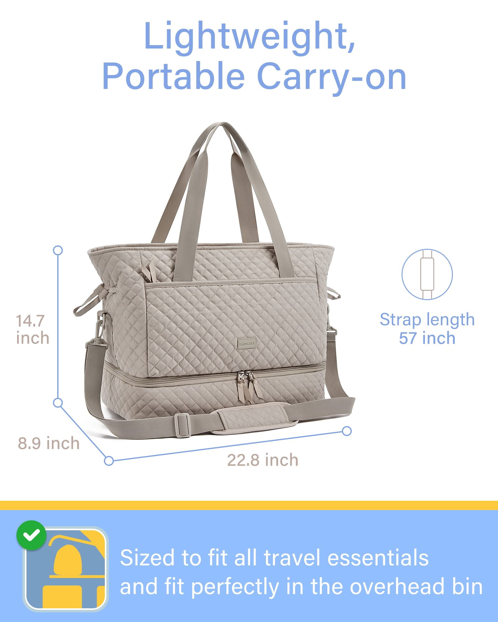 BAGSMART Weekender Overnight Bag, 39L Large Travel Duffle Tote Bag, Fashion Carry On Gym Bag Water-Resistant Shoulder Handbags with Shoe Compartment, Tranquil Gray