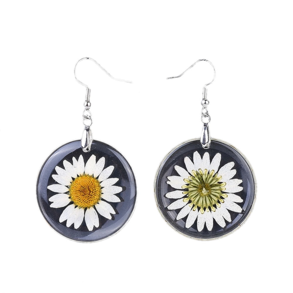 15pairs Alloy Resin Dried Flower Dangle Earrings with Tone Brass Earring Hooks Clear 57mm Pin: 0.7mm