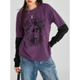 thumbnail image 3 of Women's Casual Gothic Tops Cartoon Skull Print Long Sleeve Round-Neck Fake Two Pieces Grunge T-Shirts, 3 of 9