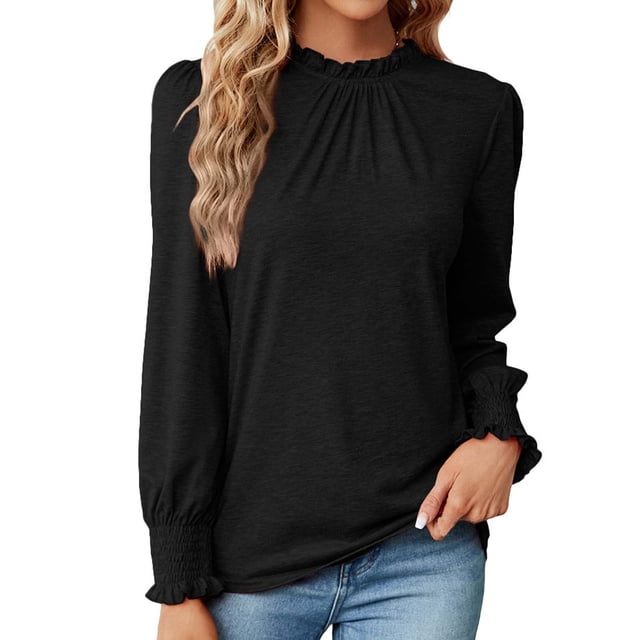 Pompotops Women's Fashion Deep Round- Neck Solid Button Long Sleeve Blouse Shirt Top Clearance