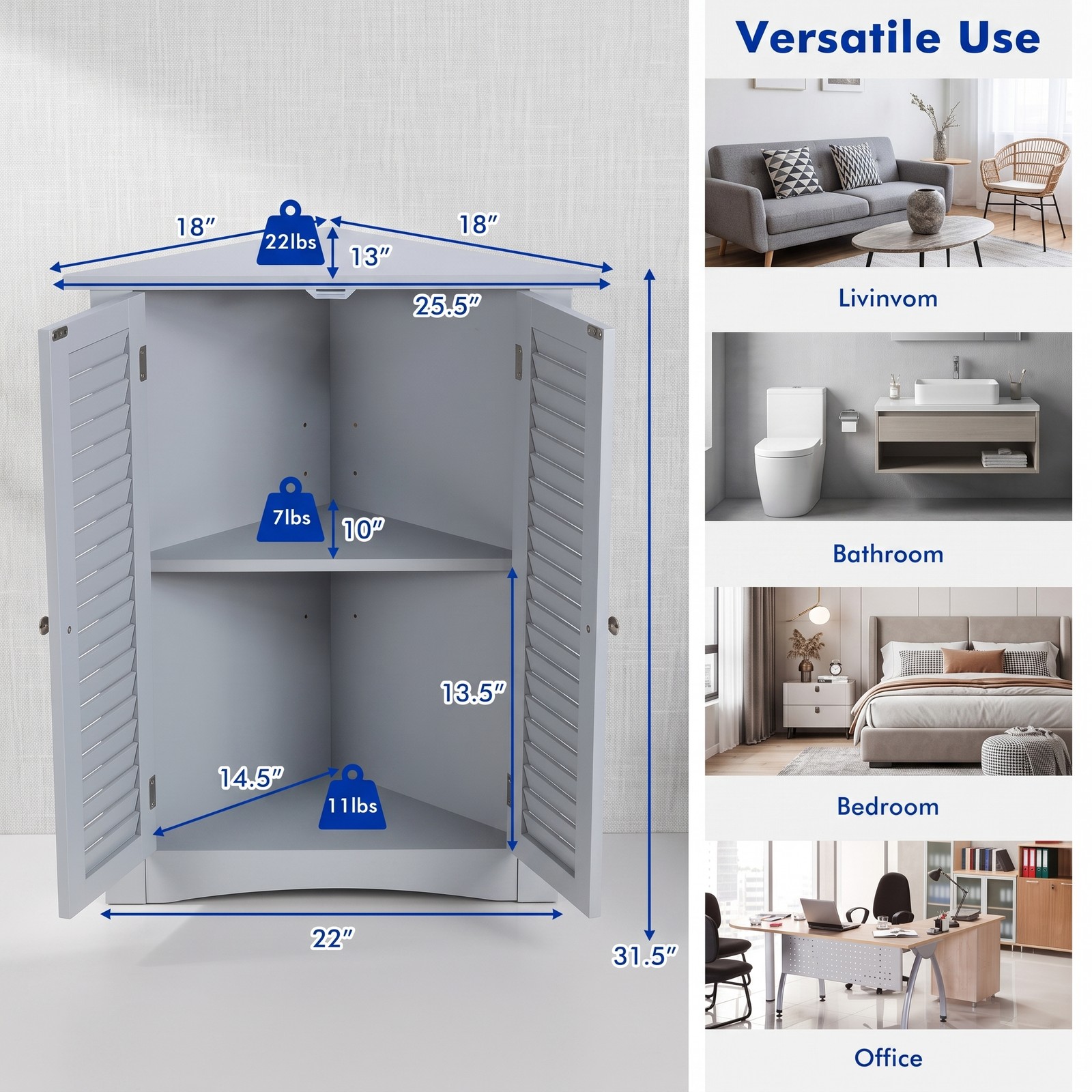 Fenbeli Bathroom Corner Storage Cabinet, Freestanding Floor Cabinet with Shutter Door and Adjustable Shelf, Anti-Tipping Space-Saving Wooden Organizer for, Gray
