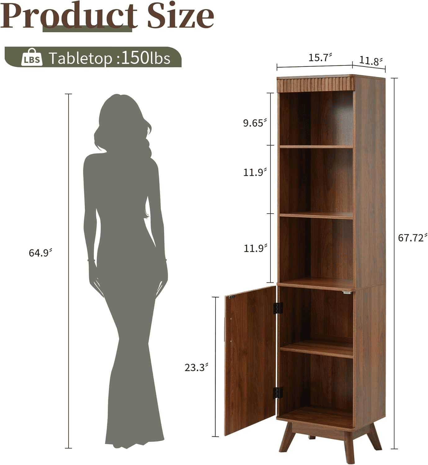 LEFHDA 68" Bathroom Storage Cabinet with Doors, Narrow Tall Fluted Cabinet, Wooden Mid-century Modern Cabinet with Adjustable Shelf, Bathroom Kitchen Living Room