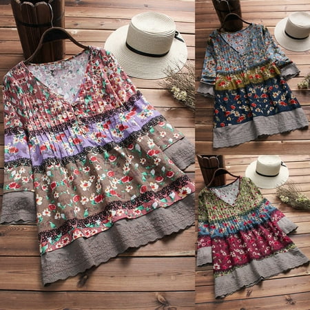 V-neck Vintage Tunic - Women Retro V Neck Long Sleeve Casual Loose Baggy Tunic Tops Blouse Plus Size