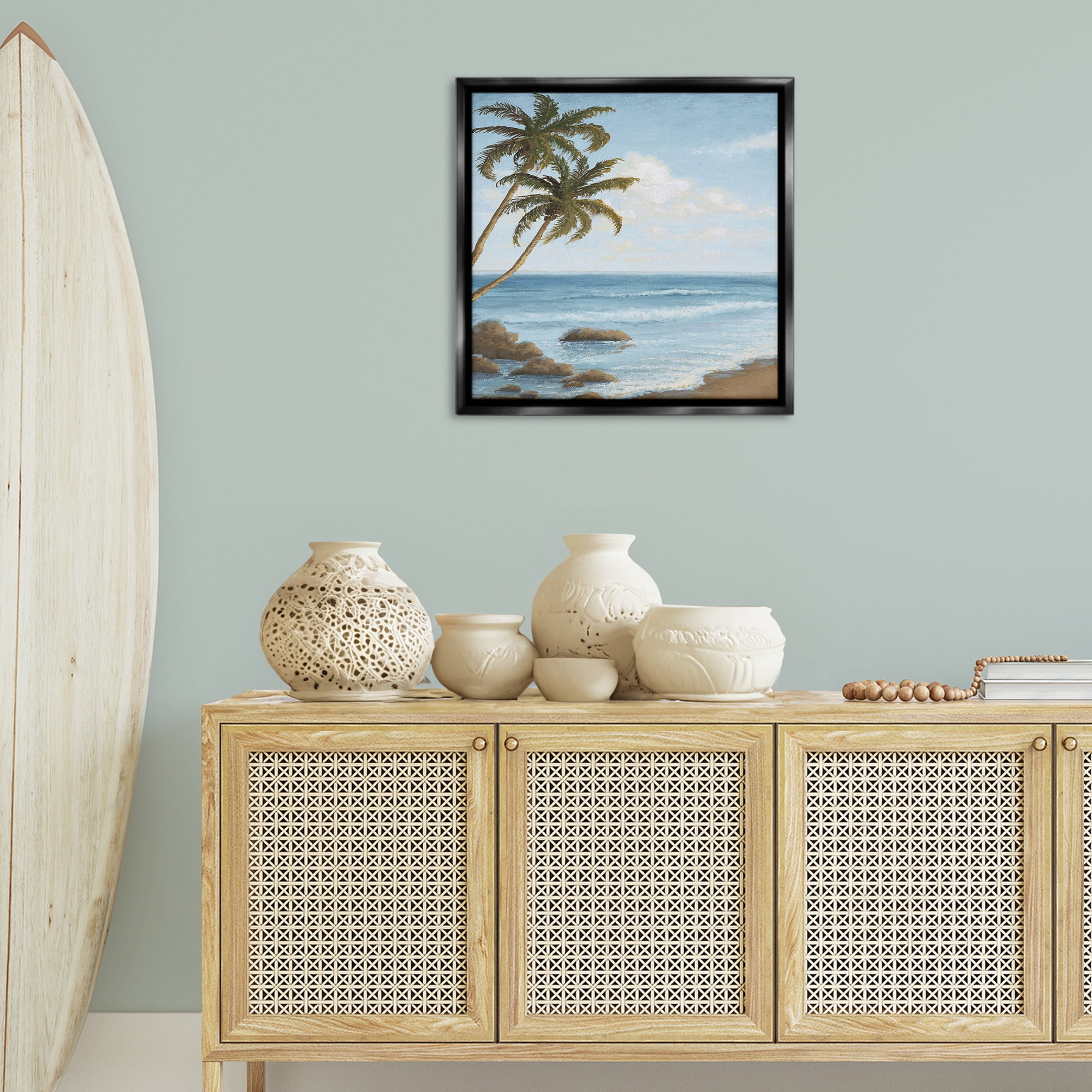 Stupell Industries Palm Trees Looming Beach Coastal Painting Black Floater Framed Canvas Art Print Wall Art, 25 x 25