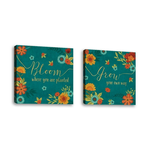 Set of 2 - Flourish II Teal - Contemporary Fine Art Giclee on Canvas Gallery Wrap - wall décor - Art painting - 24 x 24 Inch - Ready to Hang