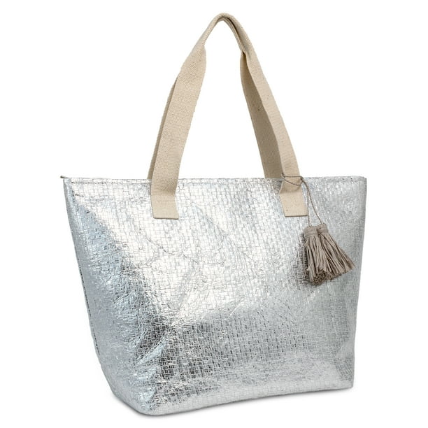 Magid WOMEN'S INSULATED SOLID SILVER METALLIC STRAW BEACH TOTE BAG WITH TASSEL AND FLAT