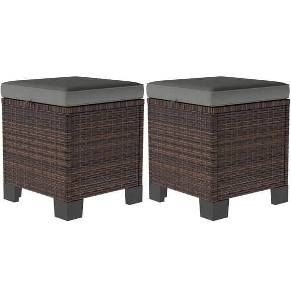 Outsunny 2 Pieces Wicker Outdoor Ottomans with Cushions Rattan Ottoman Footrest & Side Table for Patio Yard Poolside Gray