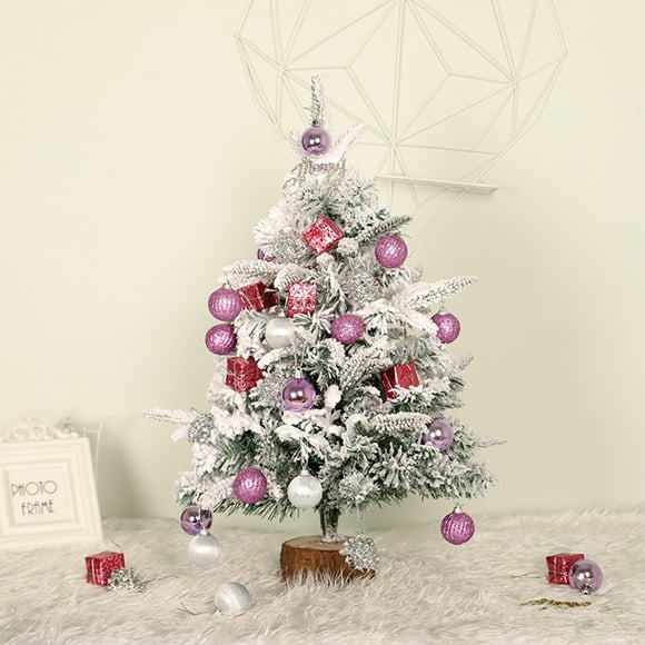 Ratfeit Snow Flocked Christmas Tree Artificial Mini Christmas Tree Pine Tree Indoor Tabletop Ornaments Decorations, Stump Base and Christmas Balls, 17.7 inch
