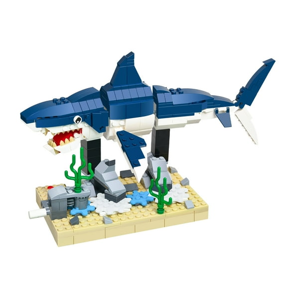 Shark Building Block Set with Rotating Display Stand, Swimming Ocean Animal Model, Creative Home Decor Gift for Adults & Teens
