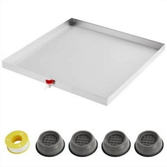 EastVita Washing Machine Pan 28"x 30"x2" Heavy Duty 304 Stainless Steel Washing Machine Tray with 4 Pcs Anti-Vibration Washing Machine Feet,Washer Pan,No Hole no water outlet
