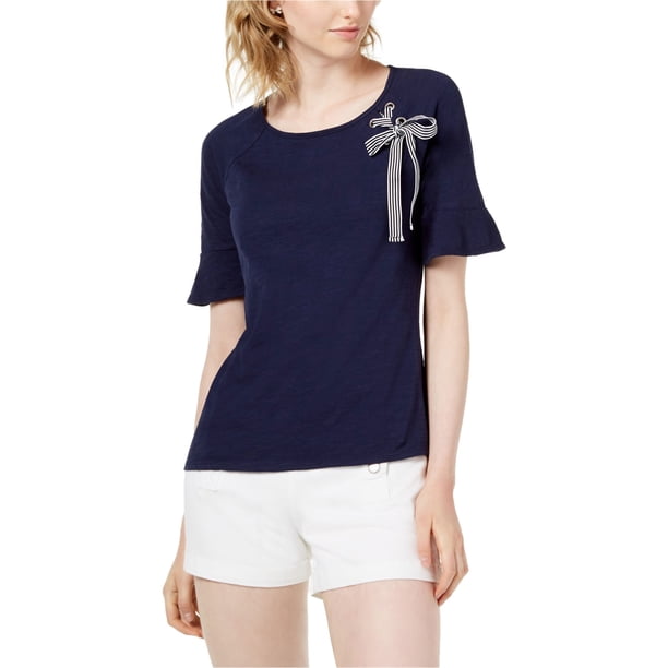 maison Jules Camiseta básica con lazo de ojal para mujer, azul, XS
