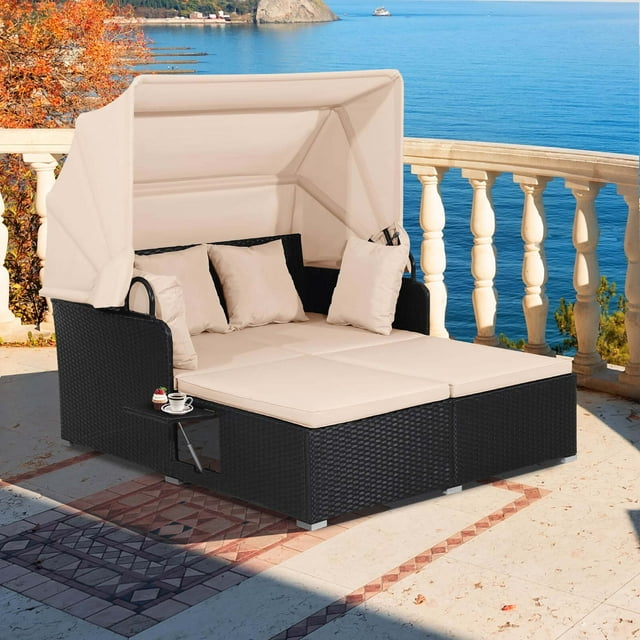 Costway Patio Rattan Daybed Lounge Retractable Top Canopy Side Tables Cushions Beige