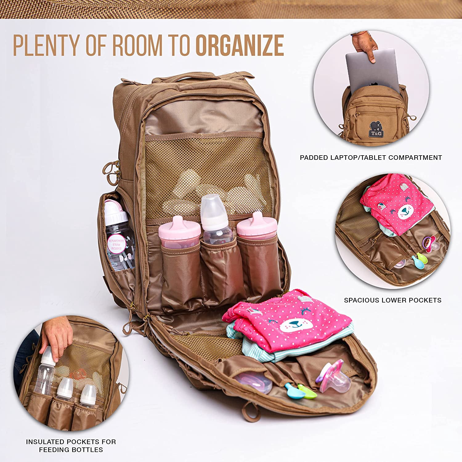 Toddlers And Gunners Dad Diaper Bag, With Diaper Changing Mat, USB Port & Laptop Compartment. Diaper Bag Backpack with Straps for Stroller. Large Diaper Bag for men and women (Coyote Brown)