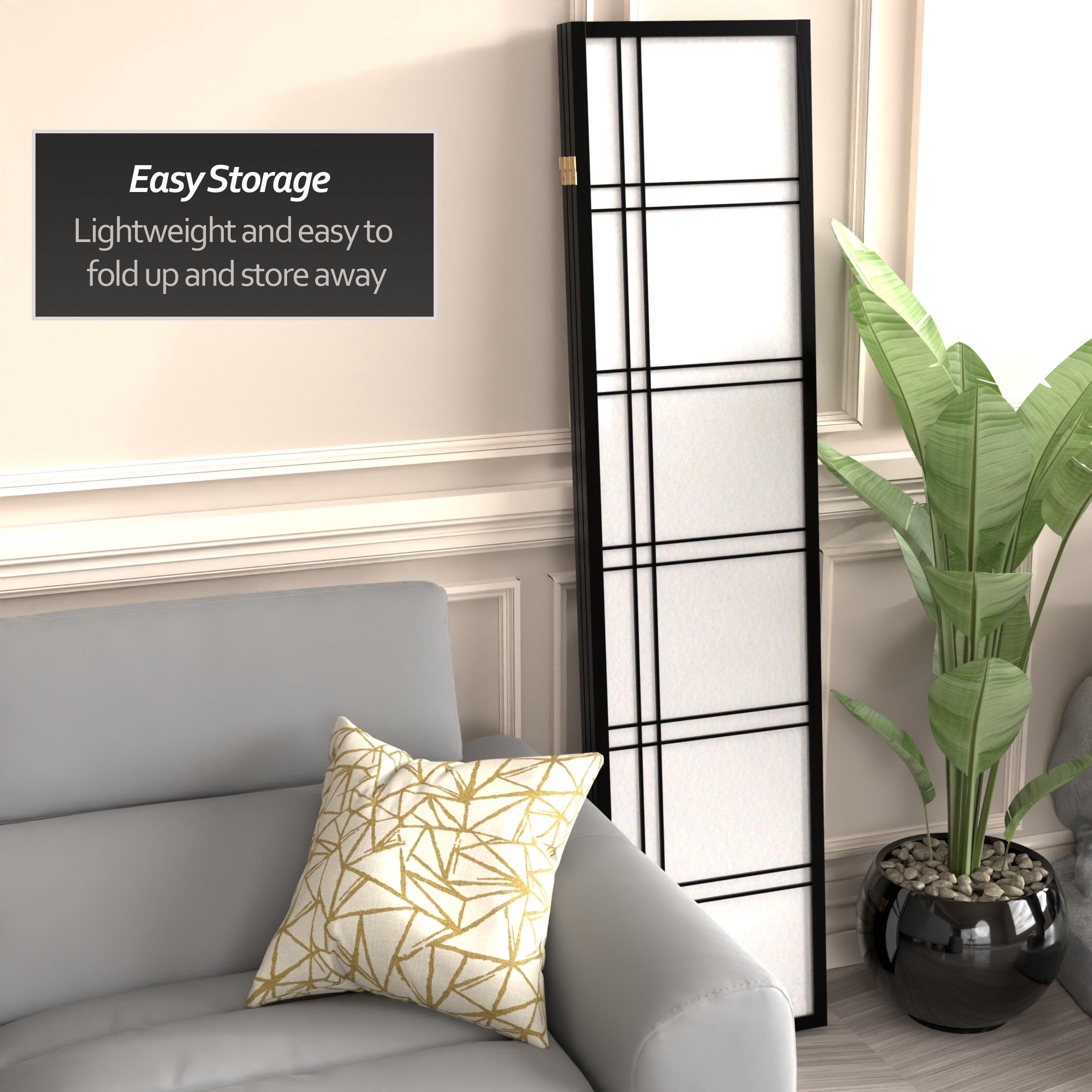 6 ft. Tall Three-Panel Shoji Screen Room Divider in Black with Double Cross Frame