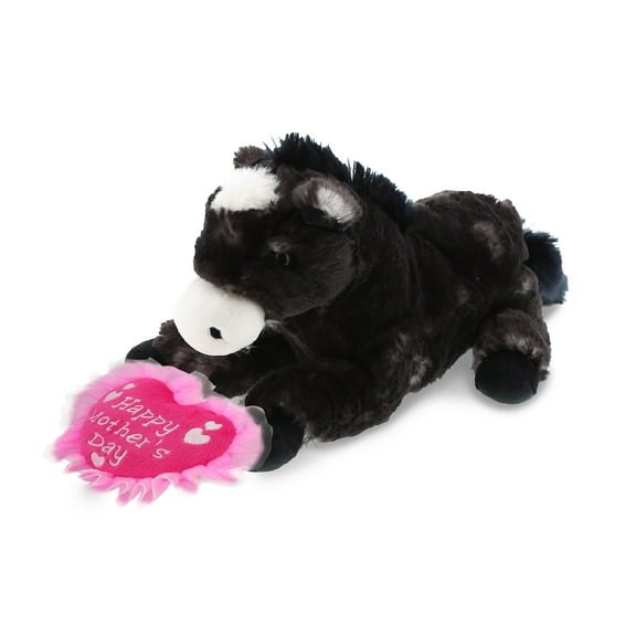 DolliBu Happy Mother's Day Super Soft Lying Black Horse Plush Figure - Cute Stuffed Animal with Pink Heart Message for Best Mommy, Grandma, Wife, Daughter - Cute Farm Life Plush Toy Gift - 10.5" Inch