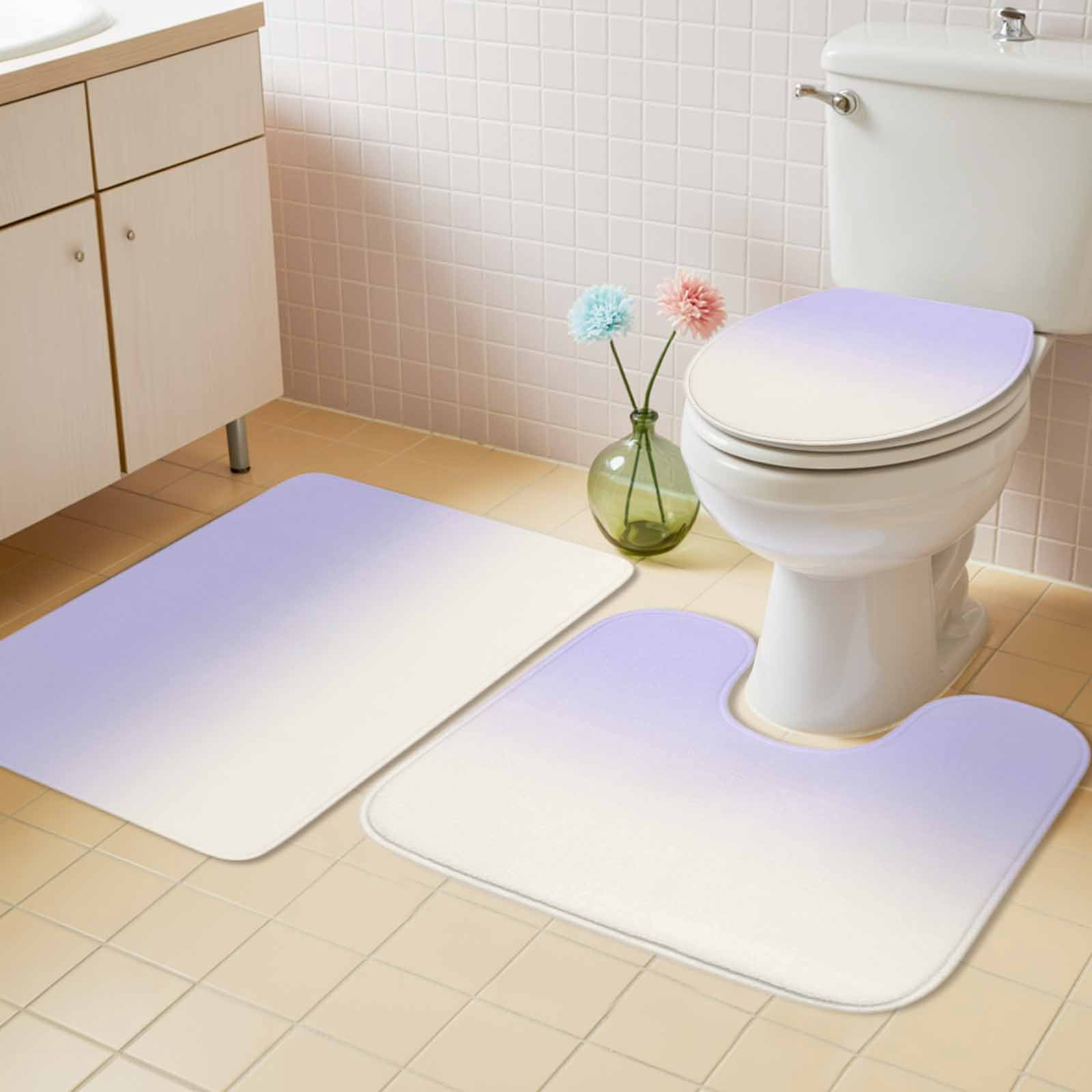 Ombre White Bath Mat 3 Piece Bathroom Rug Set, Romatic Purple Art Non Slip Bath Rug Contour Mat and Toilet Lid Cover, Absorbent Shower Mats Soft Bath Rugs and Mats Sets