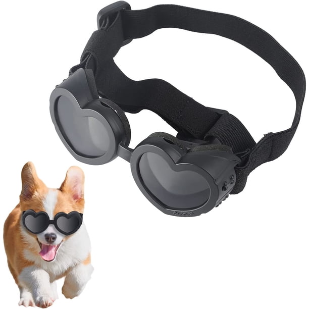 Gafas para perros con forma de corazón, gafas de sol ajustables para mascotas, resistentes al polvo, a los rayos UV y al viento, color negro.