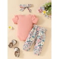 thumbnail image 3 of FEORJGP Kids Toddler Girls 3Pcs Summer Outfits 0 3M 6M 9M 12M 18M Infant Baby Short Sleeve Rompers Crew Neck Jumpsuits + Bow Pants + Headband Set Newbn Cute Casual Clothes for Daily Vacation, 3 of 10