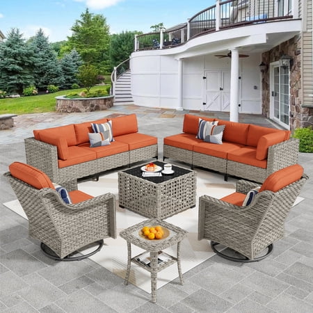 Vcatnet 10 Pieces Patio Outdoor Conversation Set Wicker Rattan Furniture Sofa Set with Swivel Rocking Chairs and Solar Lamp Coffee Table Coarse Orange Red