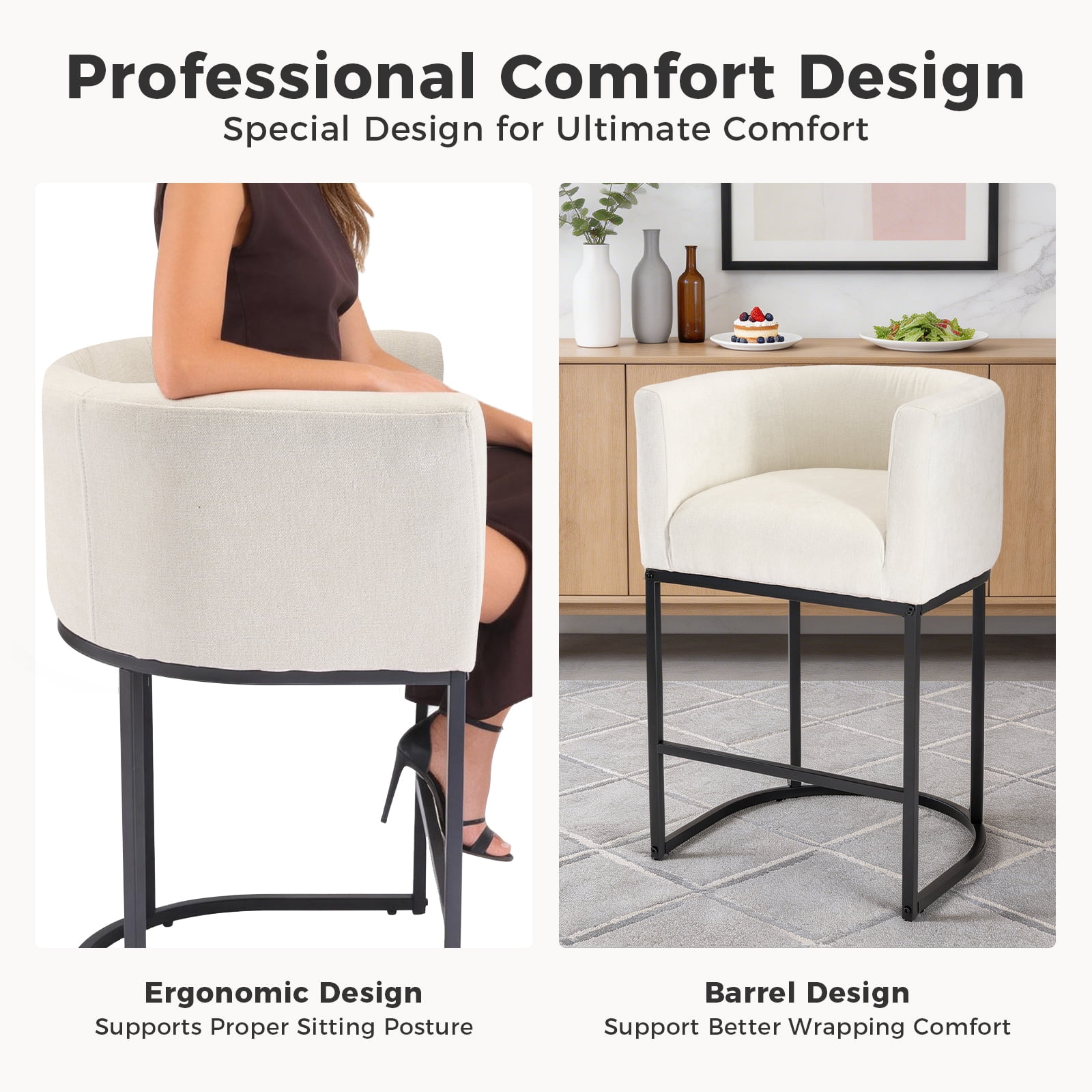 CONCETTA 27" H Barrel Bar Stool, Modern Counter Height Barstools with Linen Fabric Upholstered Seat, 350lbs Capacity Kitchen Island Chair, Bar Stools with Metal Sled Base and Footrest for Kitchen