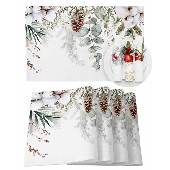 Christmas Placemats Set of 12 Sage Green Eucalyptus Leaf Pine Cone Heat Insulation Washable Place Mats, Rustic Non-Slip Table Mats for Dining Table Party Kitchen Decor,13x19 Inch