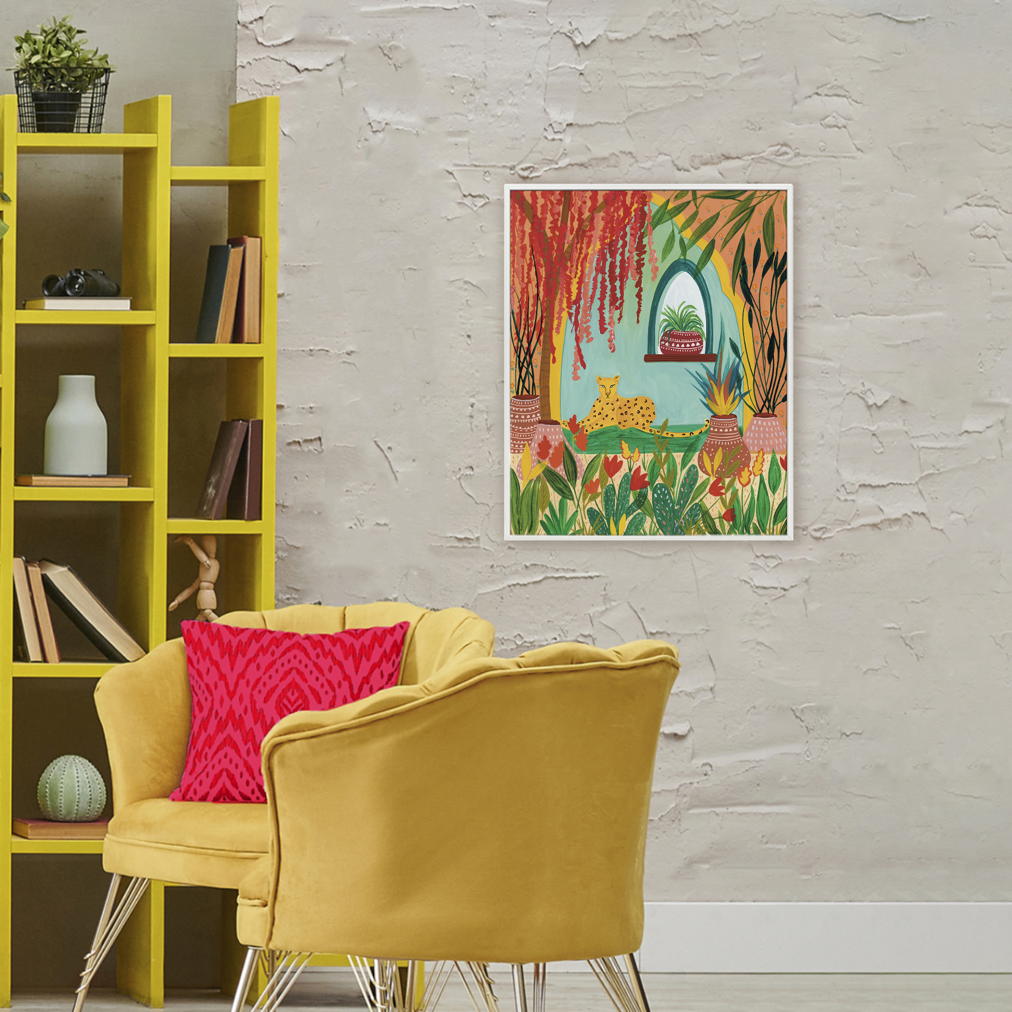 Lone Leopard Among Botanicals White Framed Giclee Art, design by Nabeela Rumi