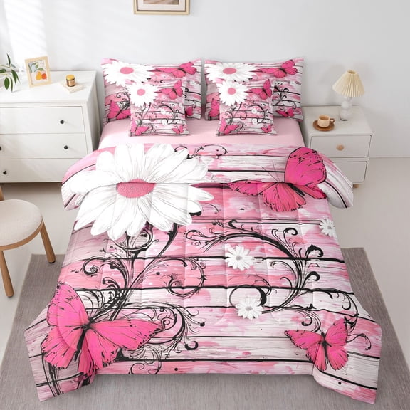 Castle Fairy Chic Floral Daisy Girl Twin Bedding Sets 7-Piece,Flying Pink Butterflies Bedding Comforter Set Microfiber,Vintage Lodge Cabin Breathable Sheet Sets,Lightweight Room Decor,Reversible