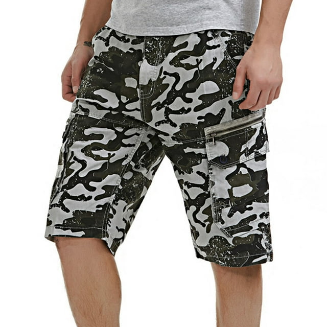 Puntoco Pantalones Cortos Tipo Cargo Con Botones Y Múltiples Bolsillos Para Deportes De Camuflaje Al Aire Libre Para Hombre 086 Camuflaje Gris Blanco (34) L,Pantalones Cortos Hombre