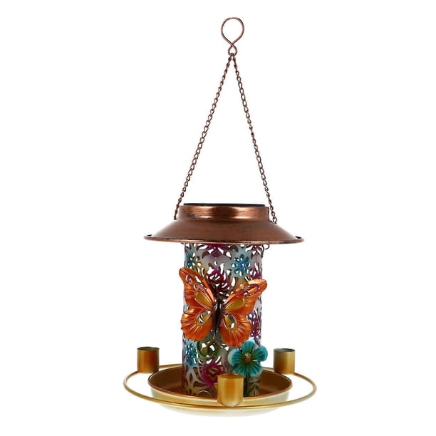 Solar bird feeder with hanging feeding station for wild birds and garden lighting for outdoor decoration and wildlife observation.