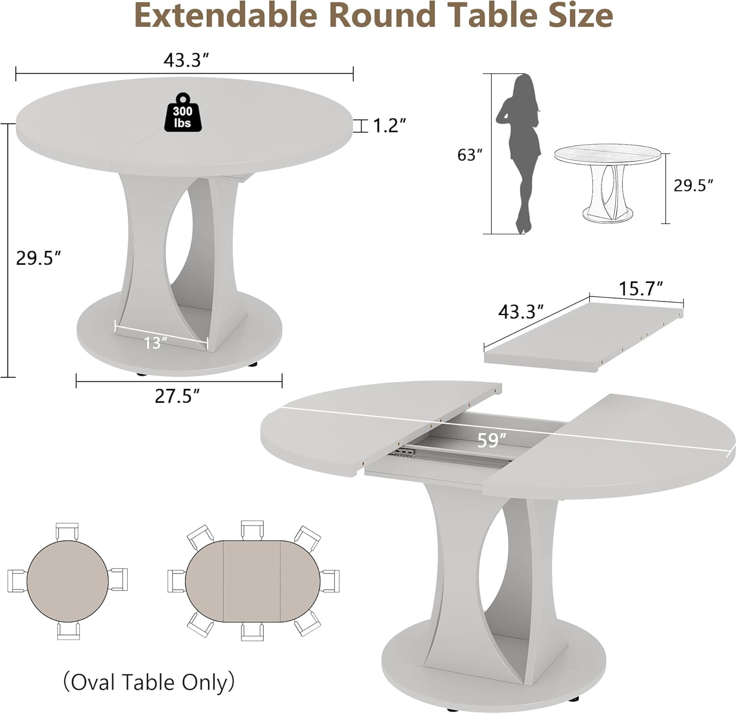Virans 43.3"-59" Extendable Round Dining Table for 6-8,Kitchen Table with MDF,Modern Dinner Table for Dining Rooms,Living Rooms,White