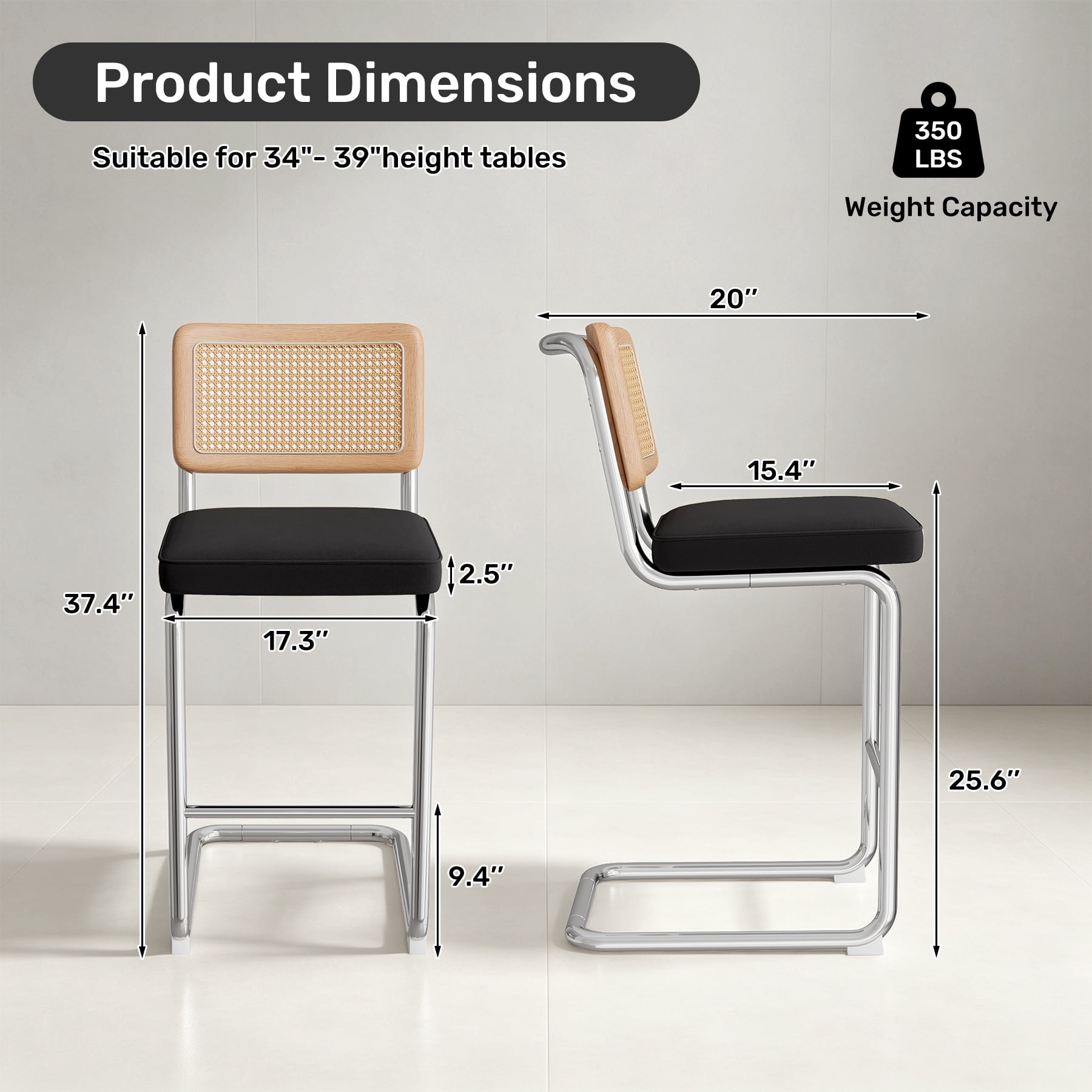MOONMISS 25.6″ Bar Stools Set of 6,Velvet Counter Height Chairs with Rattan Back & Metal Legs,Mid Century Cantilevered Design for Kitchen Island,Black