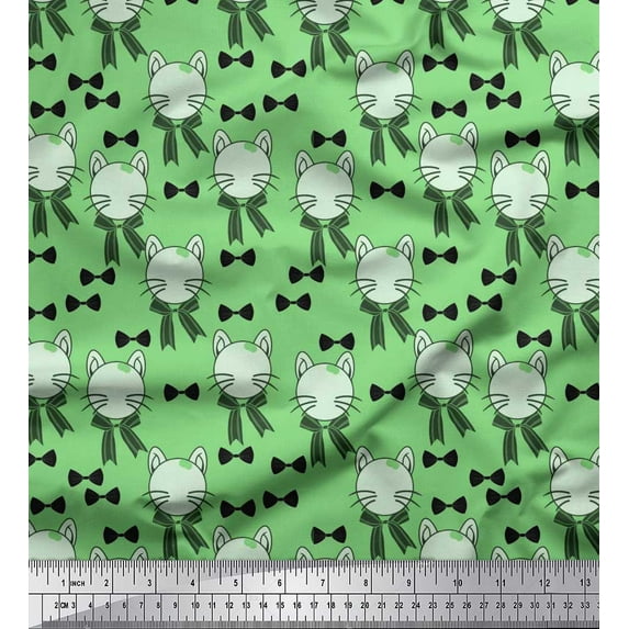 Soimoi Green Moss Georgette Fabric Bow & Cat Face Kids Print Sewing Fabric Yard 42 Inch Wide