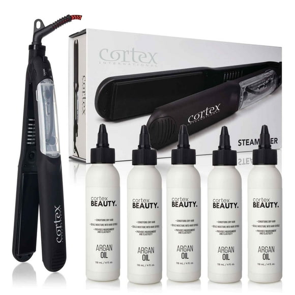 Cortex Professional Vapor Hair Straightener Flat Iron for Hair 1.25" Ceramic Premium Argan Infusion Steamliner - Dual Voltage Straightening Irons with Argan Refill Bundl