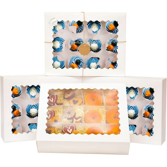 10-Pack White Twelve Holder Cupcake Boxes with Windows - Auto-Pop Up Feature, Perfect Cupcake Carriers - 13x10x3.5