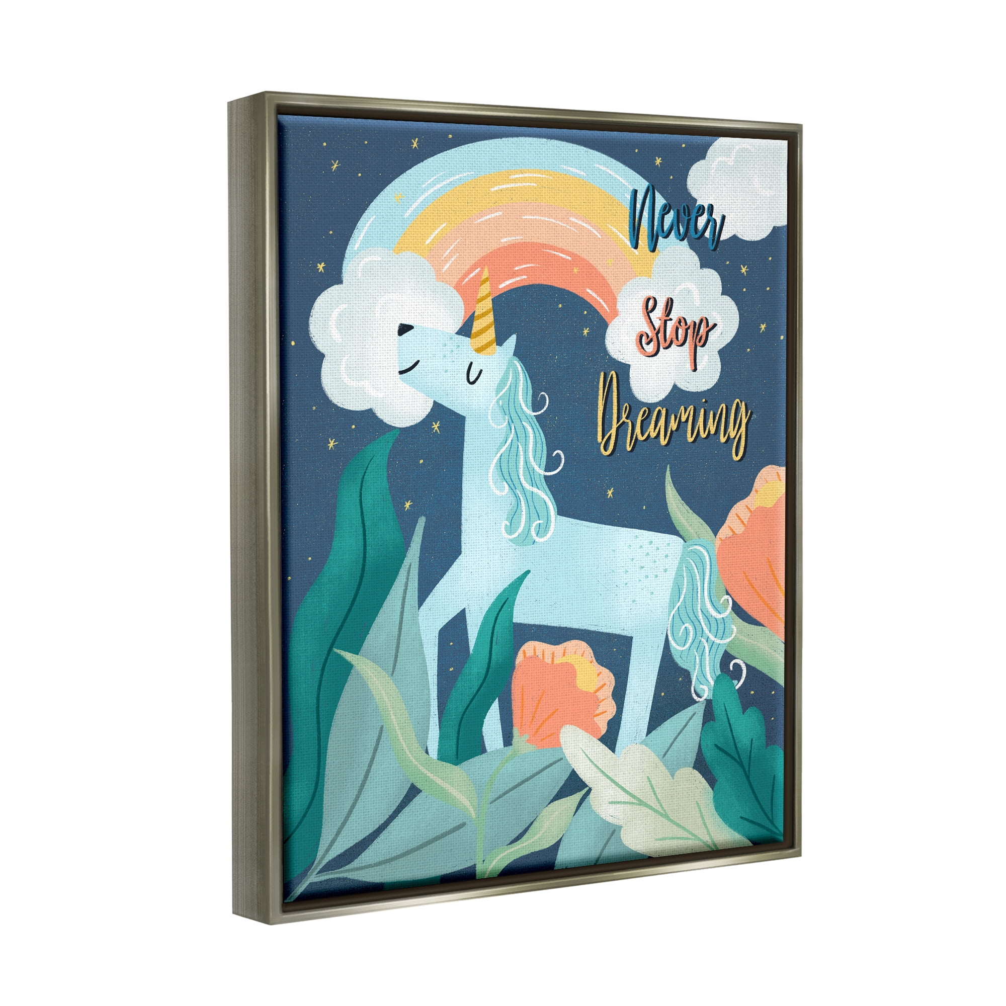 Stupell Industries Never Stop Dreaming Unicorn Fairy Tales & Fantasy Painting Gray Floater Framed Canvas Art Print Wall Art, 17 x 21