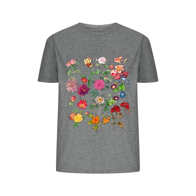 Blusas de Verano de las Mujeres Flor Impresa Cuello Redondo Manga Corta Superior, Verano Superior de las Mujeres