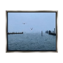 Stupell Industries Seagulls Over Ocean Dock Waters Coastal Photography Gray Floater Framed Art Print Wall Art