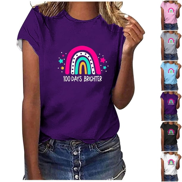 Fiudx Ofertas de La Semana Camiseta Escolar para Mujer, Camiseta de Profesora de 100 Días, Camiseta Feliz de 100 Días, Impresión de Letras, Enseñanza, Manga Corta