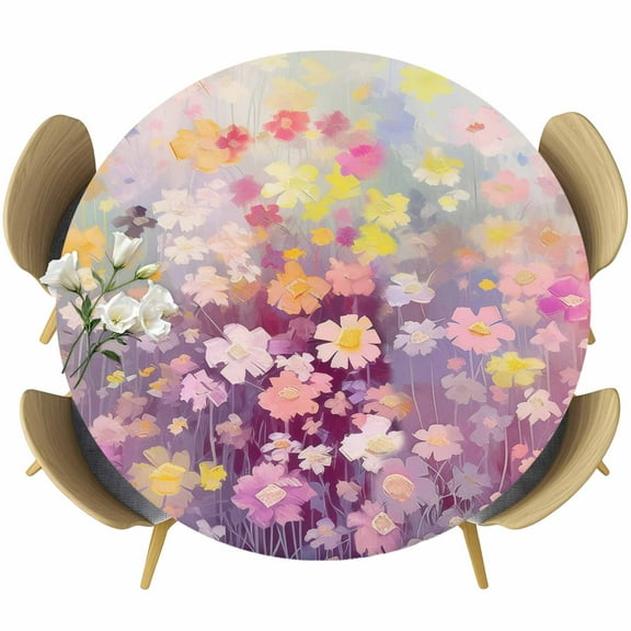 Spring Floral Round Tablecloth 45-54 Inch Round Fitted Table Cloth with Elastic Edge, Modern Oil Painted Daisy Botanical Elegant Waterproof Table Cover Protector for Outdoor Picnic Party Dining