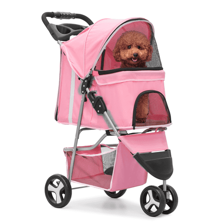 BEZT 3-Wheel Foldable Dog/Cat Jogger Stroller w/ 360° Swivel, All-Season Weather Cover, Storage & Cup Holder, Breathable Mesh, Pink